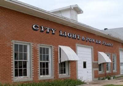 Front view of the outside of the Mangum Power Plant Building