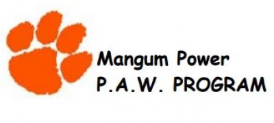 Orange Pawprint with the text Mangum Power P.A.W Program